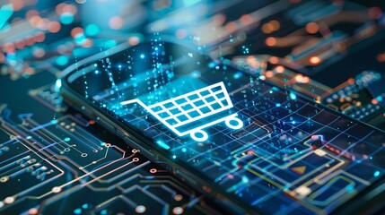 Futuristic online shopping technology featuring a mobile phone with digital payment interface, representing the modern e-commerce experience and seamless transactions in a high-tech retail environment