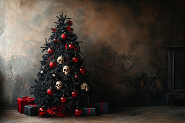 A black Christmas tree, decorated with skulls and red ornaments, stands in the corner of an old room. The atmosphere is dark and gothic
