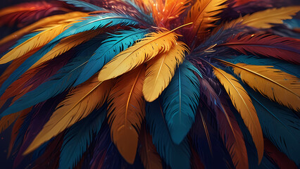 Fototapeta premium Abstract composition of vibrant, colorful feathers arranged in a circular motion