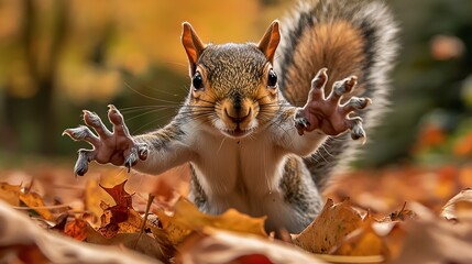 Obraz premium Squirrel Reaching Out in Autumn Leaves