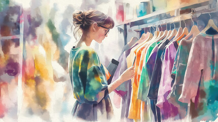 A woman explores colorful clothing in a vibrant store, showcasing fashion and style in a creative, artistic fashion environment.