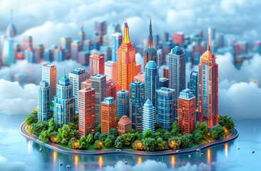 Naklejka premium A Miniature City Floating Above the Clouds
