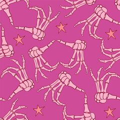 A charming and stylized pattern featuring cheerful pink skeleton hands along with whimsical stars