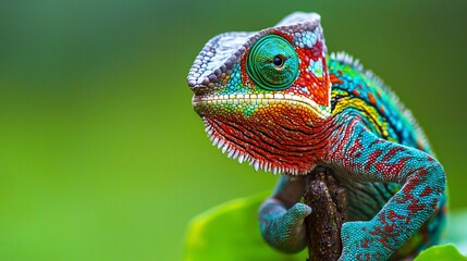 Chameleon Perched on Branch in Lush Greenery