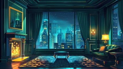 Obraz premium Dark green luxury home living room interior with cozy fireplace AI generated image