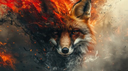 A dramatic depiction of a fox emerging from swirling flames and smoke, blending nature with a fiery artistic expression.
