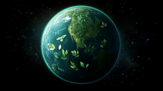 Earth with Green Leaves in Space
