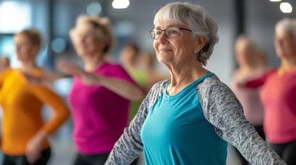 A joyful senior woman leading a fitness class with enthusiasm, promoting health and community engagement.