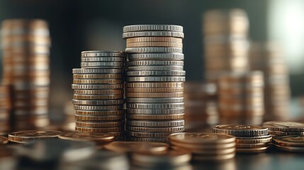 Close-up of stacked coins, showcasing the details and textures of currency, symbolizing wealth and finance in a blurred background.
