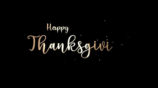 Happy Thanksgiving text animation with golden text and leaves. Perfect for holiday greeting videos, social media posts, and festive designs.
