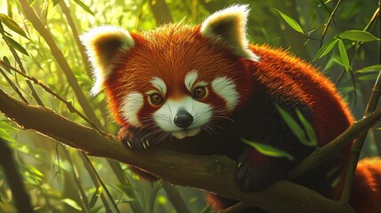 Red Panda Perched on Branch in Bamboo Forest