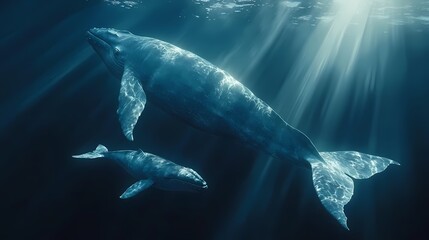 Fototapeta premium Majestic blue whales swimming gracefully in deep ocean waters.
