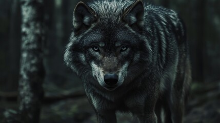 Wolf Gazing into Camera in Shadowy Forest