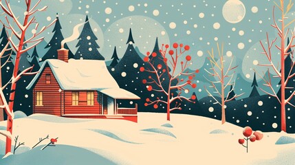 Cozy Cabin in Winter Wonderland with Snowfall