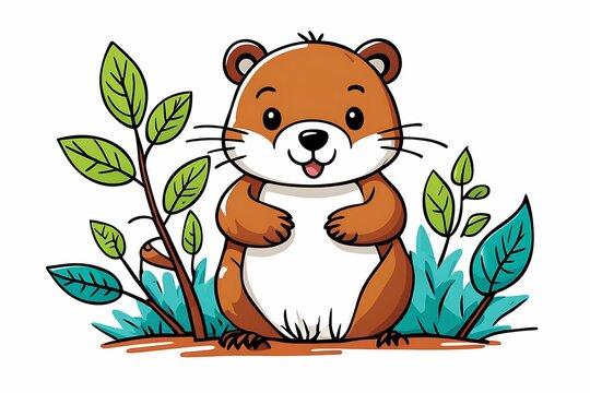 recommend clip art: A Cute Cartoon Groundhog Standing in Grass and Leaves
