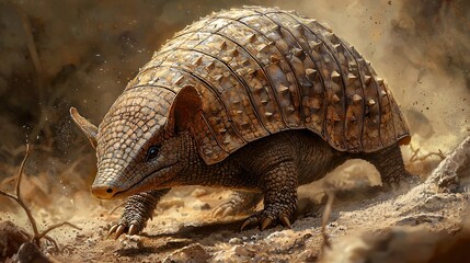 Obraz premium Armadillo Peering into Camera on Dusty Ground