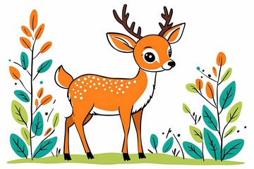 Cartoon Spotted Deer with Antlers Standing in Grassy Meadow with Leaves