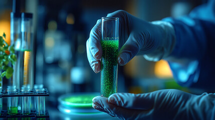 Scientist handling test tube with green algae - concept of biofuel research and biotechnology