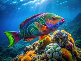 Fototapeta premium A vibrant Peacock Wrasse stands defiantly on a rocky mountain trail, its iridescent feathers ablaze against the rugged peaks and swirling storm clouds.