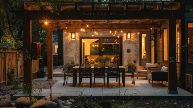 Outdoor dining patio with weatherproof dining set AI generated image