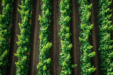 Fototapeta premium Bird's-Eye View of Vineyard During Harvest - Symmetrical Rows of Grape Vines Across Scenic Landscape