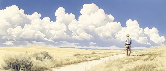 Obraz premium A lone figure walks along a dusty path under a vast sky filled with dramatic clouds and golden fields, evoking a sense of solitude.