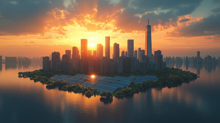 Cityscape Sunrise: A breathtaking panorama of a modern metropolis bathed in the warm glow of a sunrise, showcasing towering skyscrapers and a serene waterfront. The vibrant sky mirrors the city's dyna