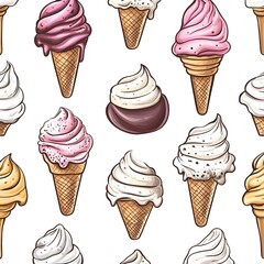 Seamless Pattern of Colorful and Delicious Ice Cream Cones and Soft Serve on White Background