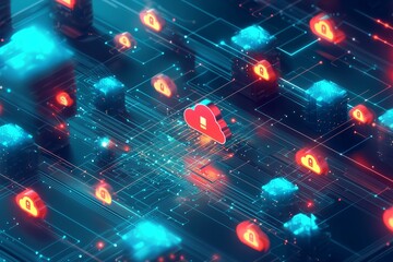 Obraz premium A cloud security interface showing data encryption statuses, access permissions, and threat detection across a cloud network. Visualizations include encrypted data, Generative AI