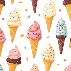 Vibrant Seamless Pattern of Delectable Ice Cream Cones and Scoops on a Colorful Background