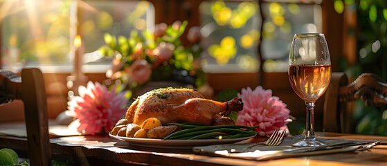 Roast chicken, potatoes, cider: hearty meal ad.