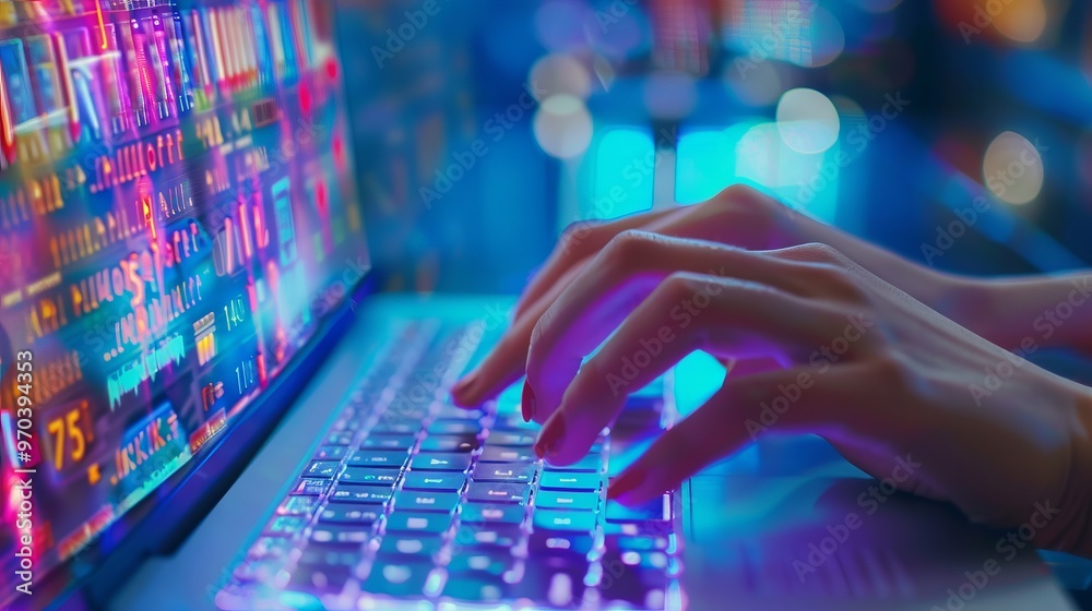 Wall mural online shopping concept featuring hands typing on a keyboard with virtual store interface, perfect f