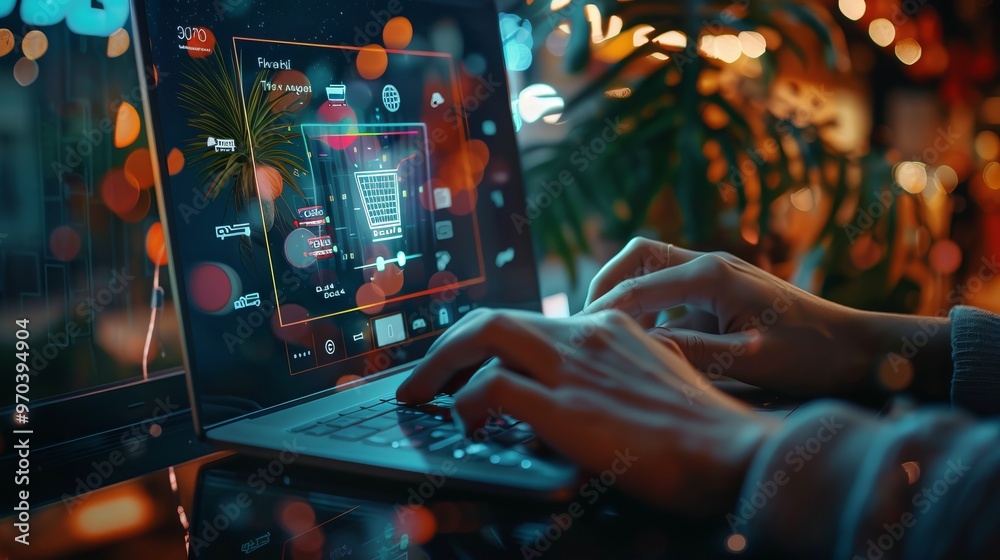 Wall mural online shopping concept featuring hands typing on a keyboard with virtual store interface, perfect f