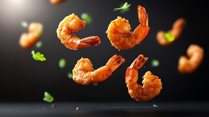 Deliciously cooked shrimp floating against a dark background, garnished with fresh herbs, perfect for culinary visuals.