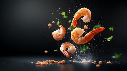 Fresh shrimp are flying in the air, garnished with parsley, creating an enticing and dynamic culinary scene.