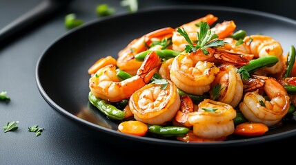 Delicious shrimp stir-fry with fresh vegetables on a sleek black plate, perfect for culinary presentations and food photography.