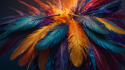 Abstract composition of vibrant, colorful feathers arranged in a circular motion