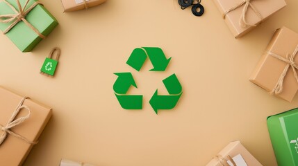 Eco-friendly packaging concept featuring a recycling symbol surrounded by sustainable gift boxes on a neutral background.