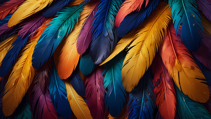 Obraz premium Abstract composition of vibrant, colorful feathers arranged in a circular motion