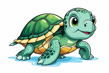 Fototapeta premium Cartoon Illustration of a Green Sea Turtle with a Smiling Face