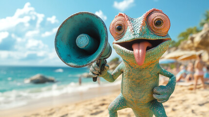 A colorful chameleon holding a megaphone on a beach, ready to announce something fun.