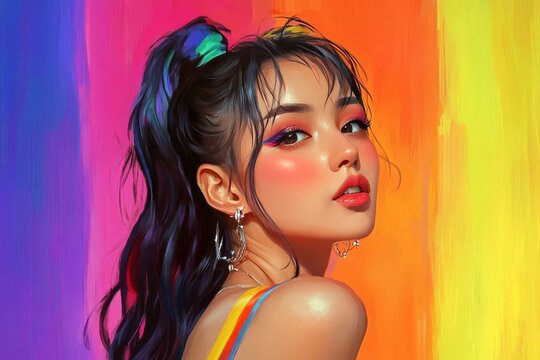 an Asian trans woman who's proud and gay, colourful rainbow as a background, celebrating pride