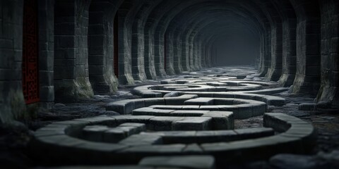 Naklejka premium A dark, mysterious stone corridor with an intricate maze pattern on the ground, creating an eerie atmosphere.
