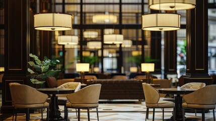 The lobby of a trendy cafe or boutique hotel equipped with several drum hanging lamps