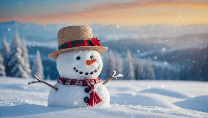 Obraz premium A happy snowman with a straw hat and red scarf stands in a snowy landscape, bringing festive cheer at sunset.