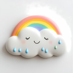 Smiling Rainbow Cloud: A whimsical pastel rainbow nestled on a happy, sleeping cloud with gentle raindrops.