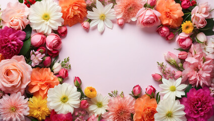 Obraz premium A circular floral frame on a blue background with roses and peonies, creating a vibrant and elegant display