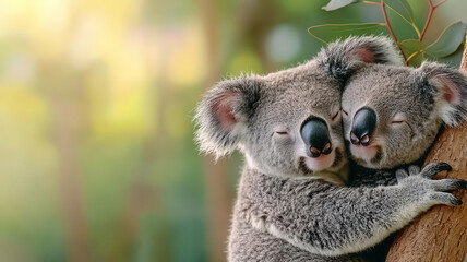 Fototapeta premium Two koalas cuddling on a eucalyptus tree branch, with soft sunlight filtering through the leaves, creating a warm and gentle setting