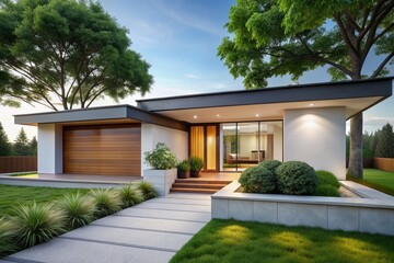 Fototapeta premium Sleek modern bungalow showcases minimalist charm with crisp white exterior, wooden accents, lush greenery, and perfectly placed trees, exuding serenity and understated elegance.