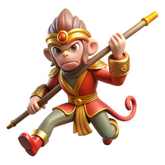 Sun wukong the monkey king fighting with stick weapon 3d cartoon style illustration